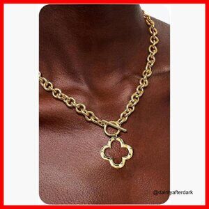 Gold Plated Chunky Heart Necklace, Hammered Cross Pendant, Toggle Chain